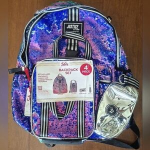 JUSTICE 4-Piece Blue/Silver Sequined Backpack Set